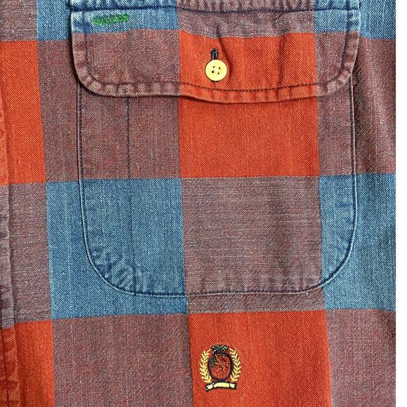 Tommy Hilfiger Vintage Denim Shirt Mens M Blue/Red Checkerboard Crest Preppy Big - Picture 5 of 12